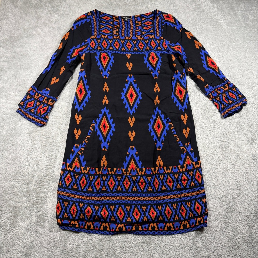 Lucky Brand Shift Dress Womens XS Black Geometric Aztec Print 3/4 Sleeve